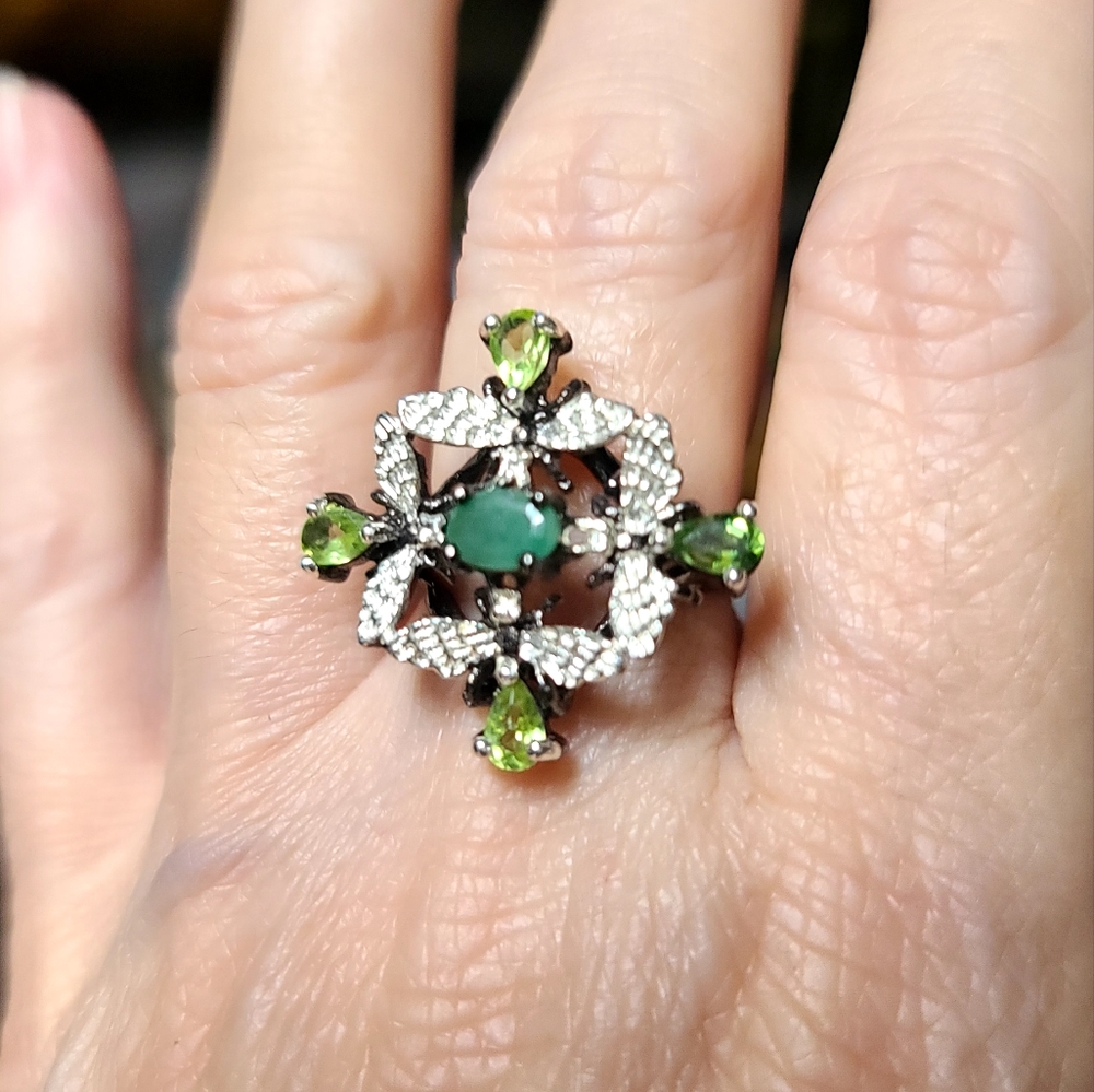 Emerald & Peridot sterling & Rhodium butterfly 🦋 ring sz6.5 - Picture 7 of 9